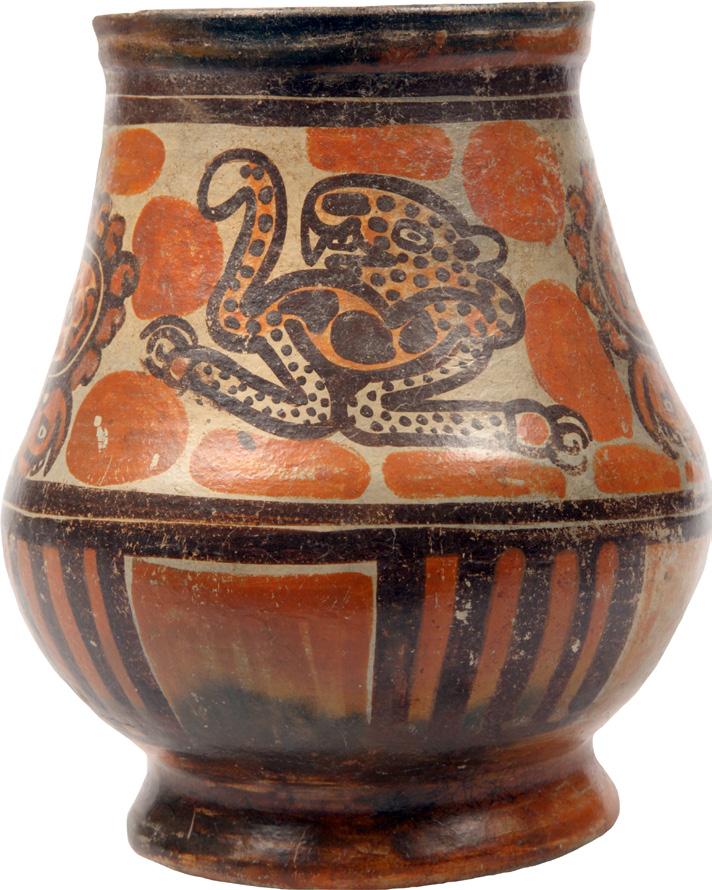 Vasija de cerámica policromada, decorada en su banda central con elementos figurativos como