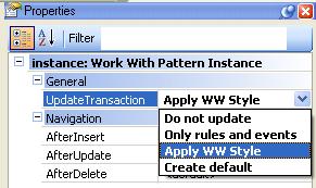 Valores por defecto para las propiedades Propiedades (F4) El patrón WorkWith además de generar objetos nuevos, también modifica a las Transacciones, para que sean invocadas por los objetos generados