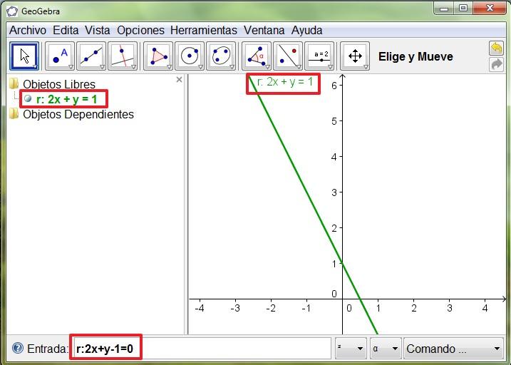 GEOMETRÍA ANALÍTICA Introducimos datos (ecuación de una recta, coordenadas...) en la barra de entrada, los objetos aparecen en las dos ventanas simultáneamente.