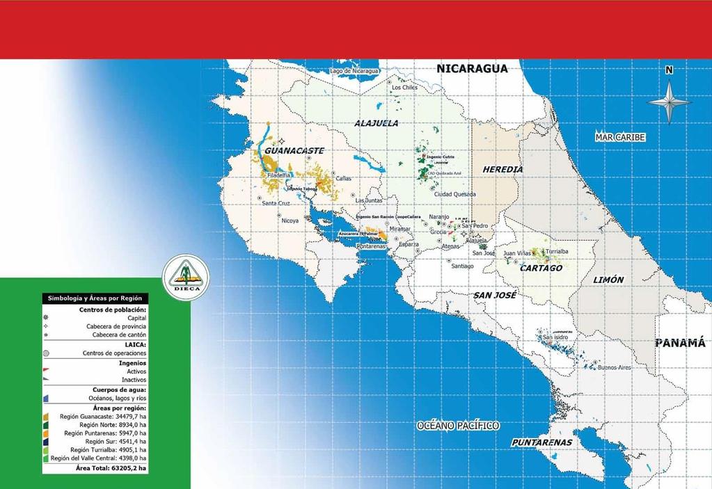 Ubicación territorial de las regiones COSTA RICA Distribución de las plantaciones de caña de azúcar por región Figura 2. productoras de caña destinada a la fabricación de azúcar. Año 2013.