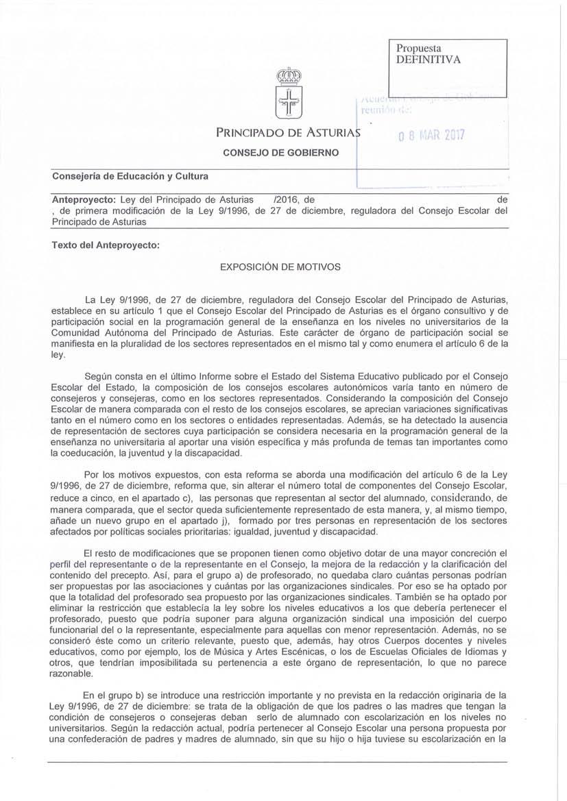 Propuesta DEFINITIVA PRINCIPAD O DE ASTURIAS Ire.. d 11, CONSEJO DE GOBIERNO Consejería de Educación y Cultura L. ~-.--.