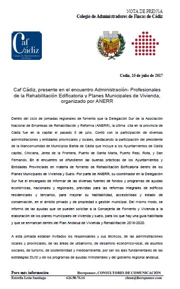 JULIO 2017 - Mantenimiento y actualización de las redes sociales del Colegio de Administradores de Fincas de Cádiz - Actualización de la