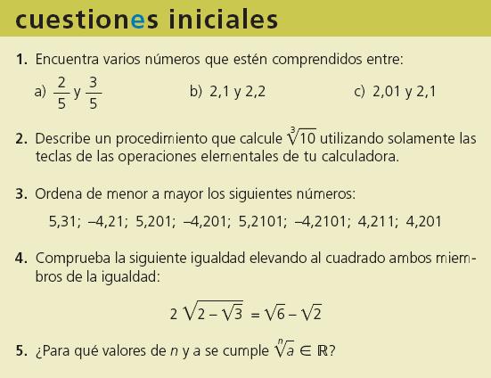 Unidad 1 Números reales PÁGINA 9 SOLUCIONES 1. Diremos que: a) Los números comprendidos entre 5 y 5 son: 0,4; 0,46; 0,54; 0,57. b) Los números comprendidos entre,1 y, son:,11;,14;,18;,195.