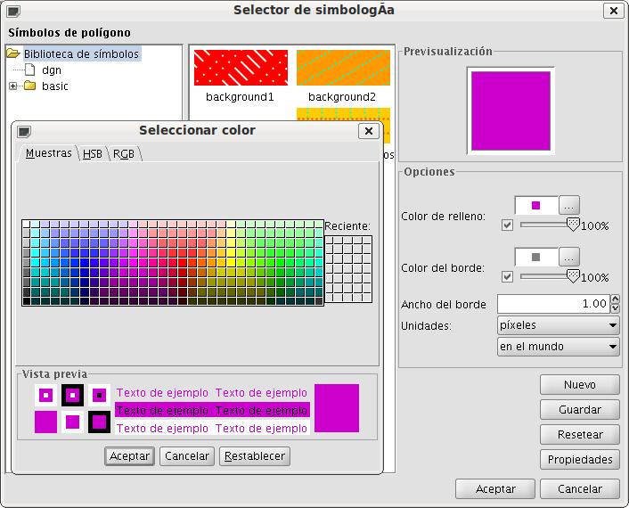 nos muestra la pantalla del Selector de Simbología, en ella cambiamos el color del elemento con sólo picar sobre