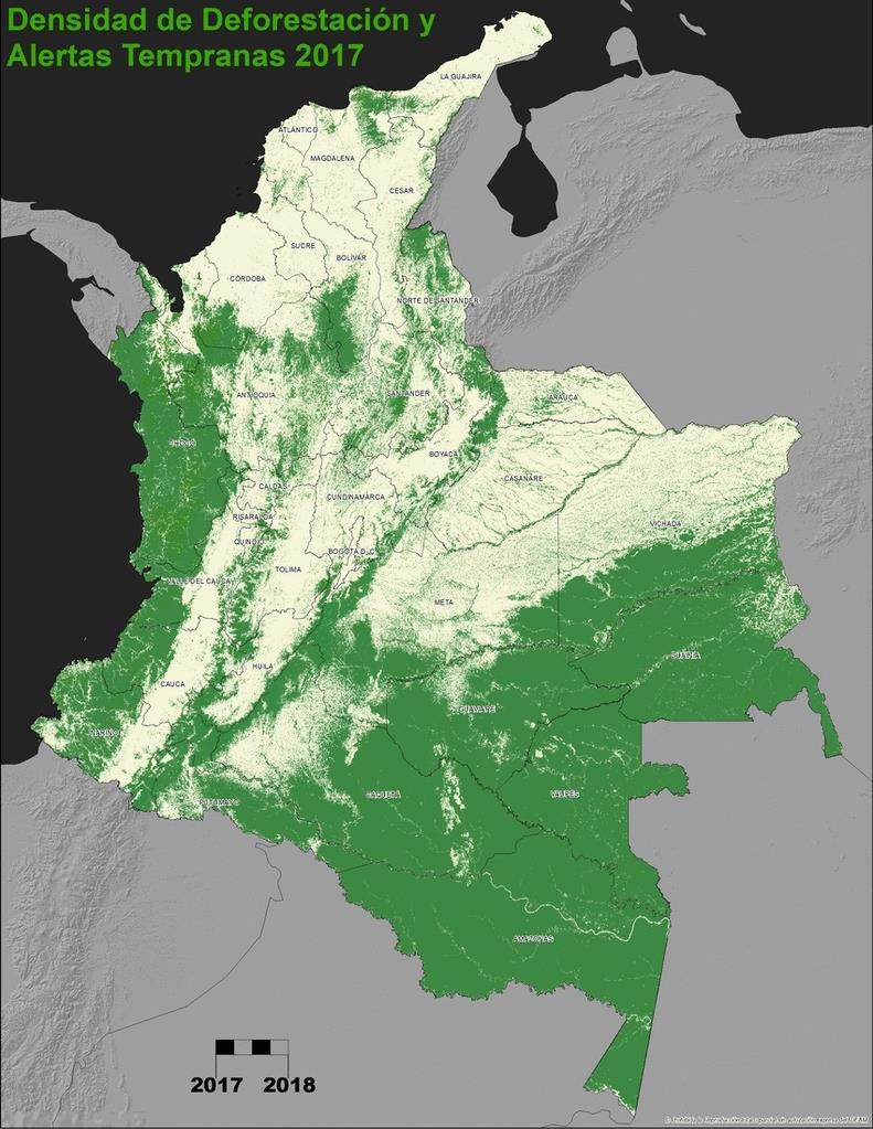 Durante el año 2017 se presentaron 4 boletines trimestrales de Alertas Tempranas de Deforestación, identificando los principales núcleos de perdida de bosque en Colombia.
