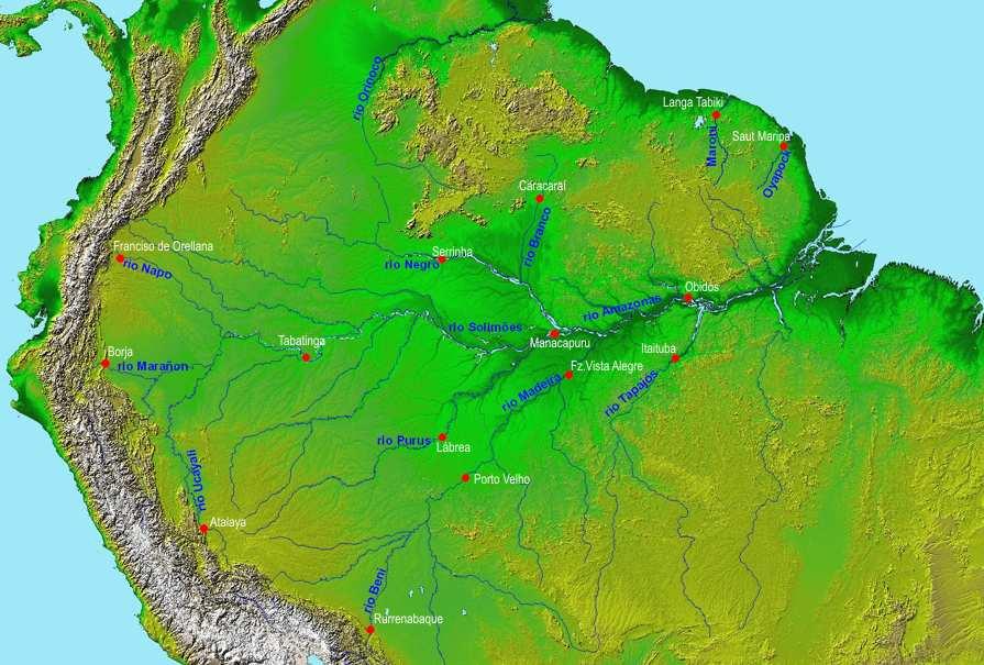 Cuenca del Amazonas en Óbidos: Superficie : 4 68 de km² Altitud muy variable, 6 N 18 S, diferentes climas Descarga media (1984-21) : 173 m³.s -1 Descarga máxima media: 238 m³.
