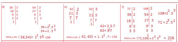 d) min.c.m. (36, 54) = e) min.c.m. (42, 63) = f) min.c.m. (72, 108) = 7 g) min.c.m. (99, 165) = h) min.c.m. (216, 288) = 7.- Calcula min.c.m. (a, b) en cada caso, qué observas?