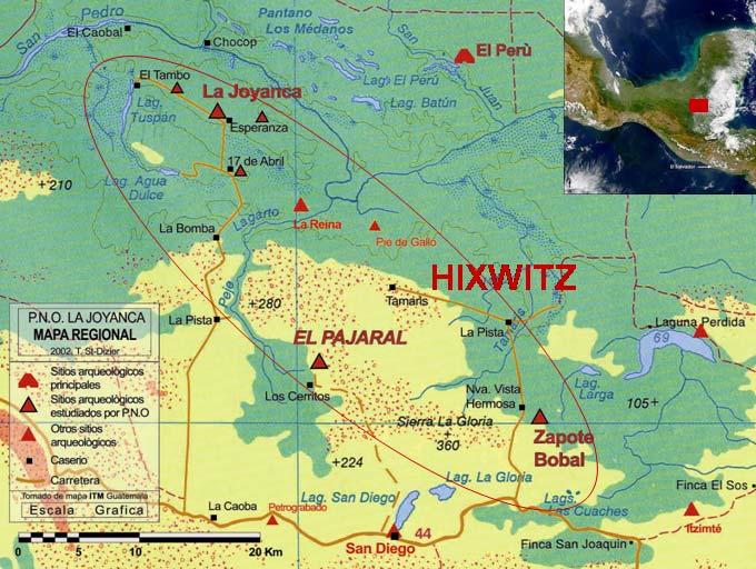 Figura 2 Región de Hixwitz LA REGIÓN DE HIX WITZ En base al registro epigráfico, el nombre de Hix Witz o Colina del Jaguar ha sido relacionado con un área de la región noroccidental de Petén en donde
