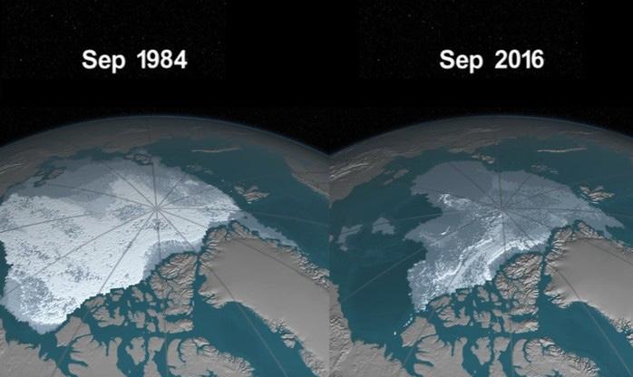 Fotografía satelital de la NASA que muestra la disminución de la cantidad de hielo marino del Ártico en los últimos 30 años.