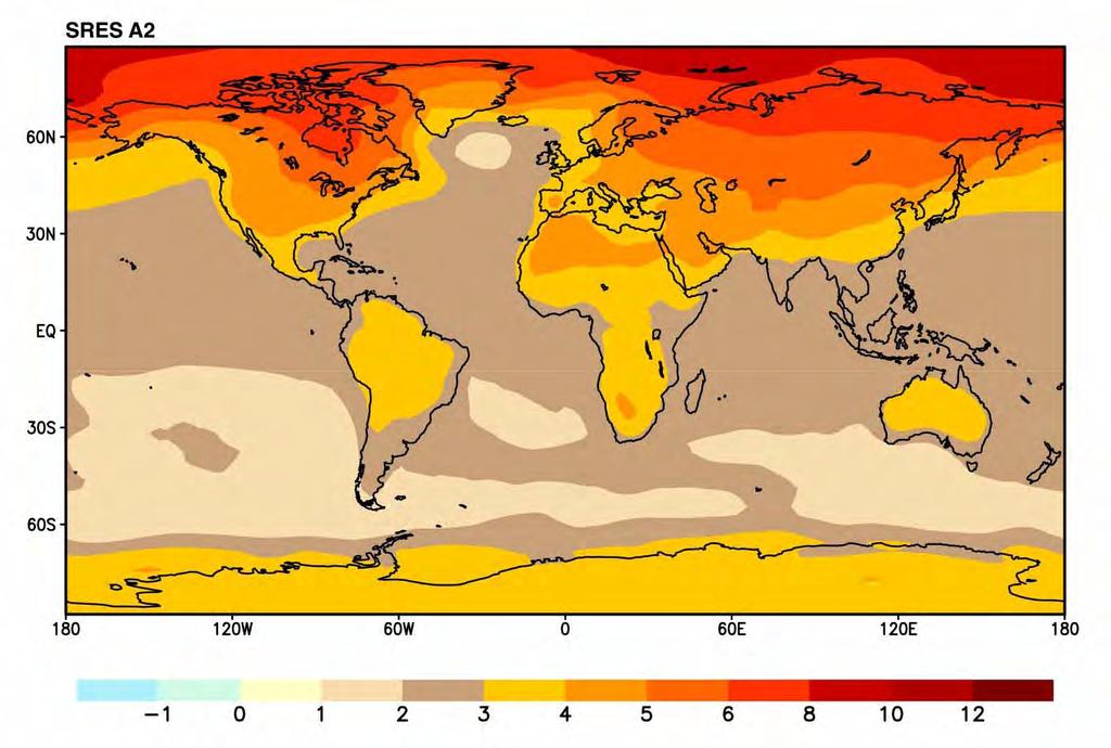Proyecciones globales Los resultados de las proyecciones de cambio en la temperatura media y la precipitación obtenidos con el modelo HadCM3 permiten una cierta discriminación espacial sobre la