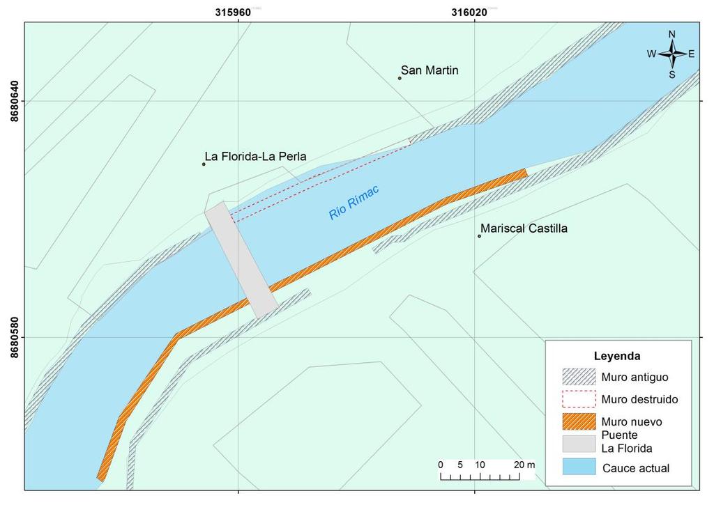 Figura 4. Sector del río Rímac a la altura de La Florida-La Perla. Obsérvese la estructura de canalización nueva construida estrechando el cauce del rio Rímac.