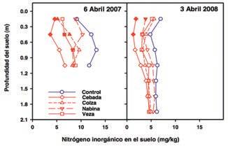 FIG 3. Concentración de nitrógeno inorgánico en el suelo en primavera de 2007 y 2008 antes de la incorporación de los cultivos cubierta. FIG 4.