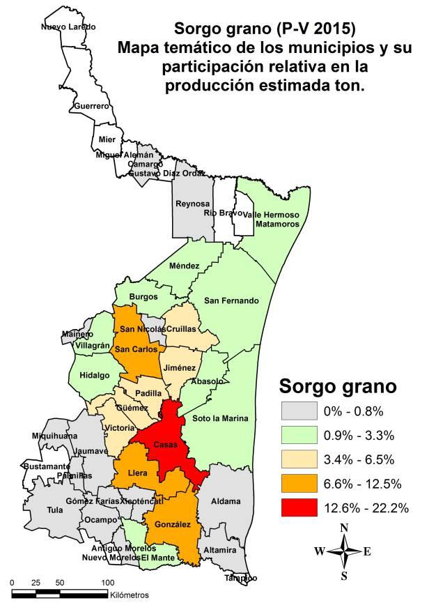Geografía Mapas Temáticos Producción Estimada de Sorgo Grano y Soya ciclo P-V 2015 Sorgo Grano En Tamaulipas se tenía una super cie programada de 216, 943 has, de las cuales se sembraron 124,238 has