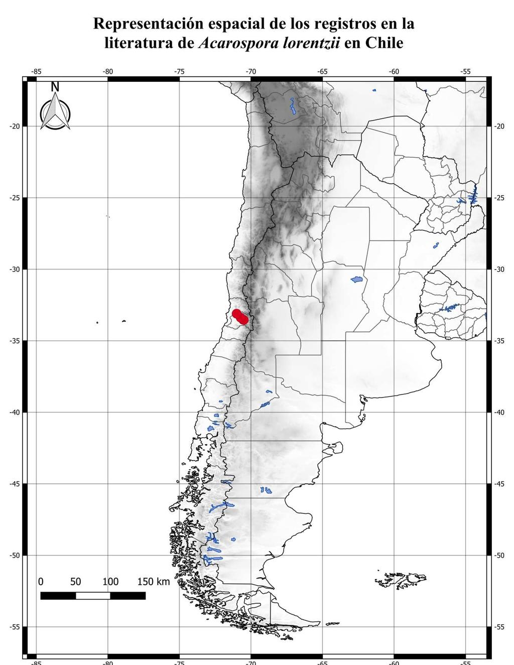 Tabla de Registros de la especie en Chile: Presencia actual (incierto (0-25%); dudosa (26-50%); probable (51-75%); absoluta (76-100%)) Mapa de los puntos de recolecta y avistamiento en Chile: Otros