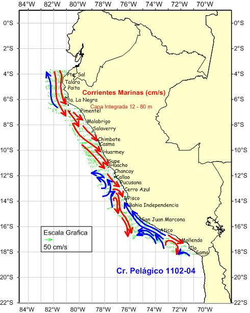 Temperatura, Salinidad y Oxígeno disuelto Sección Paita Figura 7. Corrientes marinas (cm/s) 25 m (93 mn) y a los 40 m (zona costera).