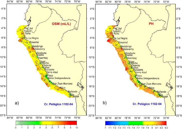 Las aguas subtropicales superficiales (ASS) con salinidades mayores a 35,1 mostraron predominancia al sur de los 06 S, con fuertes proyecciones principalmente hacia la costa de Pimentel-Malabrigo,