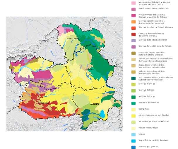 Mapa 17. Tipos de paisaje Fuente: Atlas del Paisaje de Castilla-La Mancha El Atlas también asocia el paisaje a la comarcalización como expresión de la aproximación territorial.