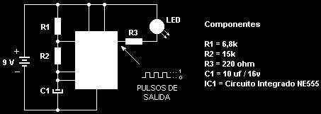 Observa la polaridad de la fuente respecto al LED..., te habrás dado cuenta que la única forma de encenderlo es que el pin 3 de IC1 sea negativo. Y lo será.