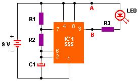 Según la señal de salida el LED encenderá de forma alternada. Veamos los otros componentes; R1, R2 Y C1 forman una red de tiempo.