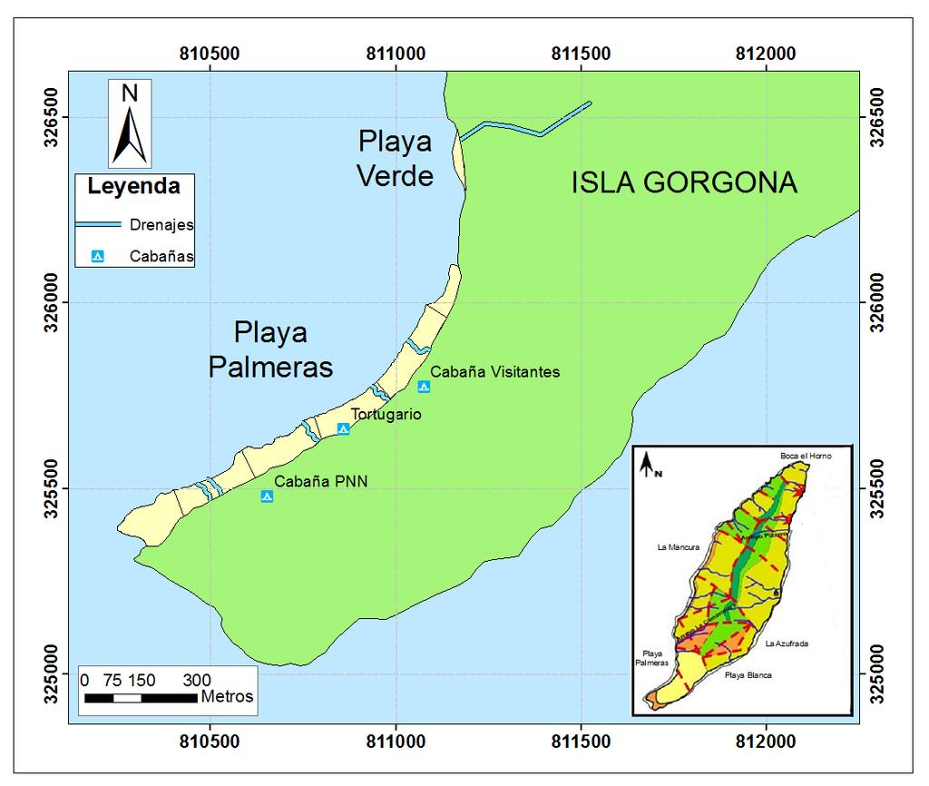 Geomorfología y procesos erosivos en playas de islas rocosas macromareales En la Figura 6-10 se muestra el mapa de las quebradas alrededor de la isla, y el detalle de los cauces intermitentes que