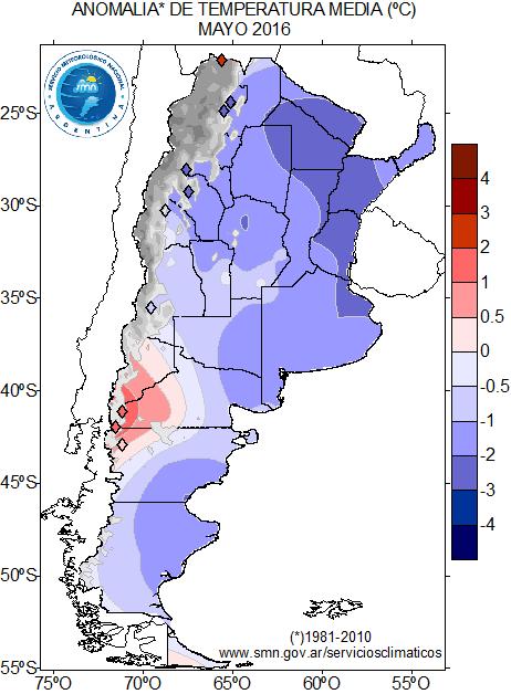 Más apartados de los promedios se presentaron gran parte de Santa Fe, Buenos Aires y La Pampa, donde se observaron valores por debajo de lo normal (desvíos de entre -1 a -2 C).