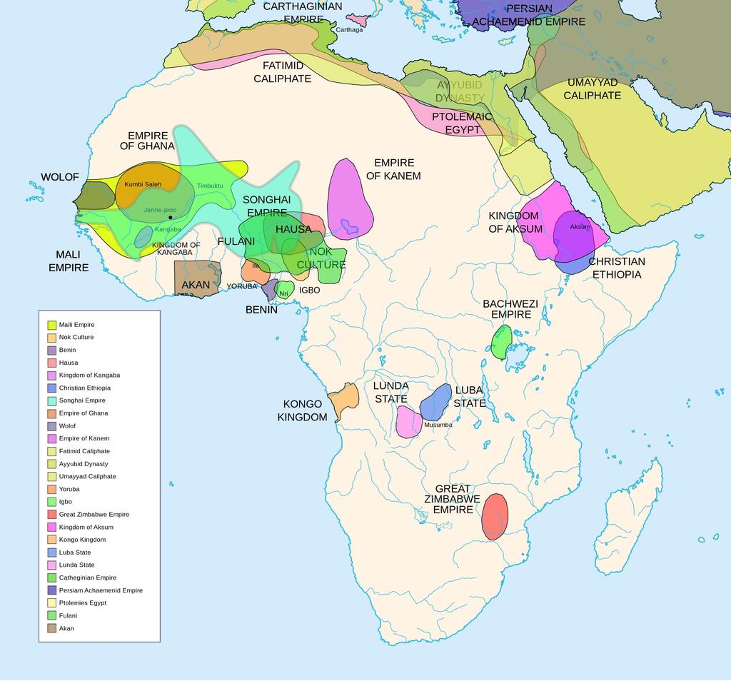 En el sur, los imperios de Mapungubwe y Zimbabwe. En África central, los imperios de Nri, Luba y Kongo. Los imperios Swahilis de la cosa este tuvieron comercio con Arabia, India, Persia y China.