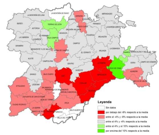 Variación relativa de los rendimientos esperados en 2015 respectos a los medios comarcales para el cultivo de CEBADA SECANO.