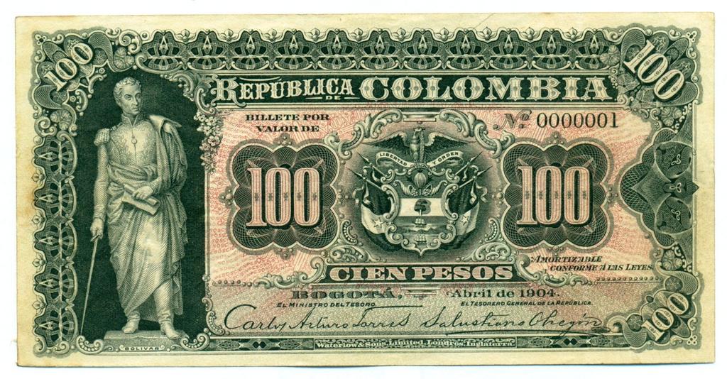 República de Colombia, cien pesos, Bogotá, abril de 1904 Esta serie inicialmente fue de 7 valores hasta el de cien pesos.