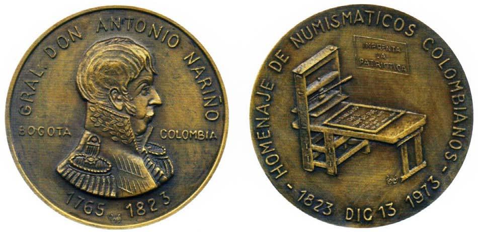 Por su parte, la Fundación Numismáticos Colombianos, en el año de 1973, le hizo un homenaje al general Antonio Nariño con motivo de la celebración de los 150 años de su fallecimiento, grabando su