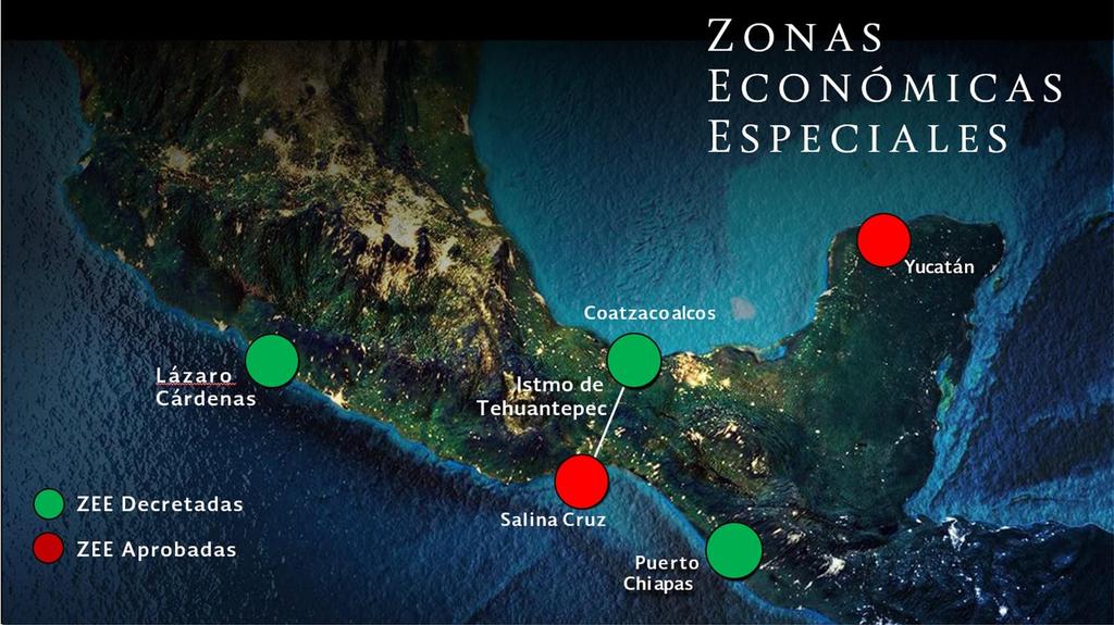 Ubicación Las ZEE decretadas actualmente son: (1) Lázaro Cárdenas, que incluye municipios contiguos de Michoacán y Guerrero; (2) Istmo de Tehuantepec, que incluye a Coatzacoalcos, Ver.