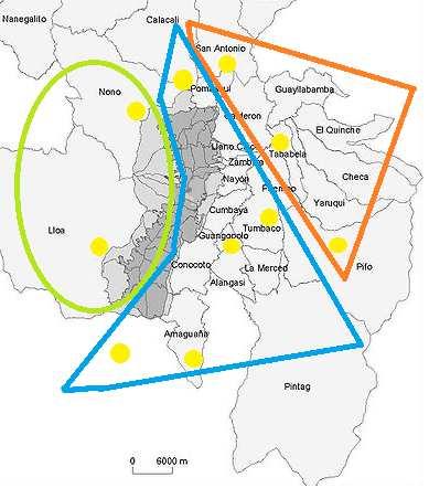62 Figura 32. El Mapa muestra las parroquias de la provincia de Pichincha, en puntos amarillos las localidades muestreadas que están agrupadas por colores según el dendrograma.