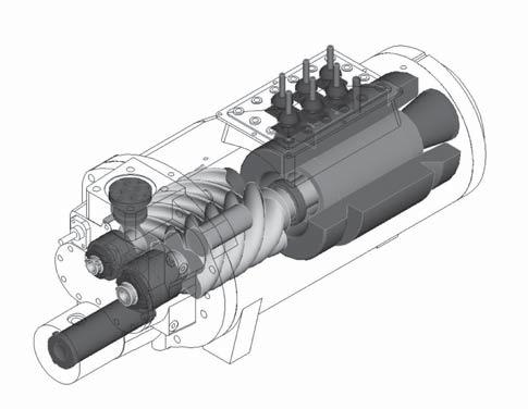 Principios mecánicos de funcionamiento Ilustración 10: Descripción del compresor CHHC de la unidad RTHF Rotor macho Rotor hembra Cojinetes Solenoide de descarga Solenoide de carga Carcasa del motor