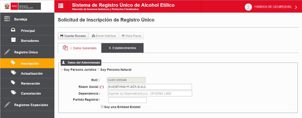 7. PROCESO DE INSCRIPCIÓN DEL REGISTRO ÚNICO Para ingresar al proceso de Inscripción en el Sistema de Registro Único de Alcohol Etílico, debemos seleccionar la primera opción del Menú de Registro