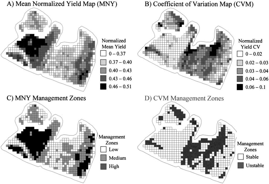 Variabilidad espacial de rendimiento Mapa de rendimiento medio normalizado Mapa de CV normalizado Rendimiento medio normalizado CV normalizado Zonas