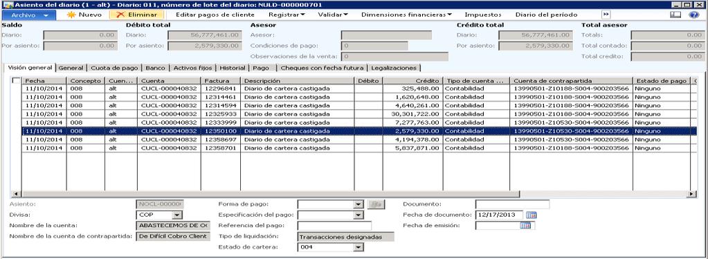 Validar y Registrar Diario de castigo de cartera Para validar el diario de pago, hacer clic en el botón