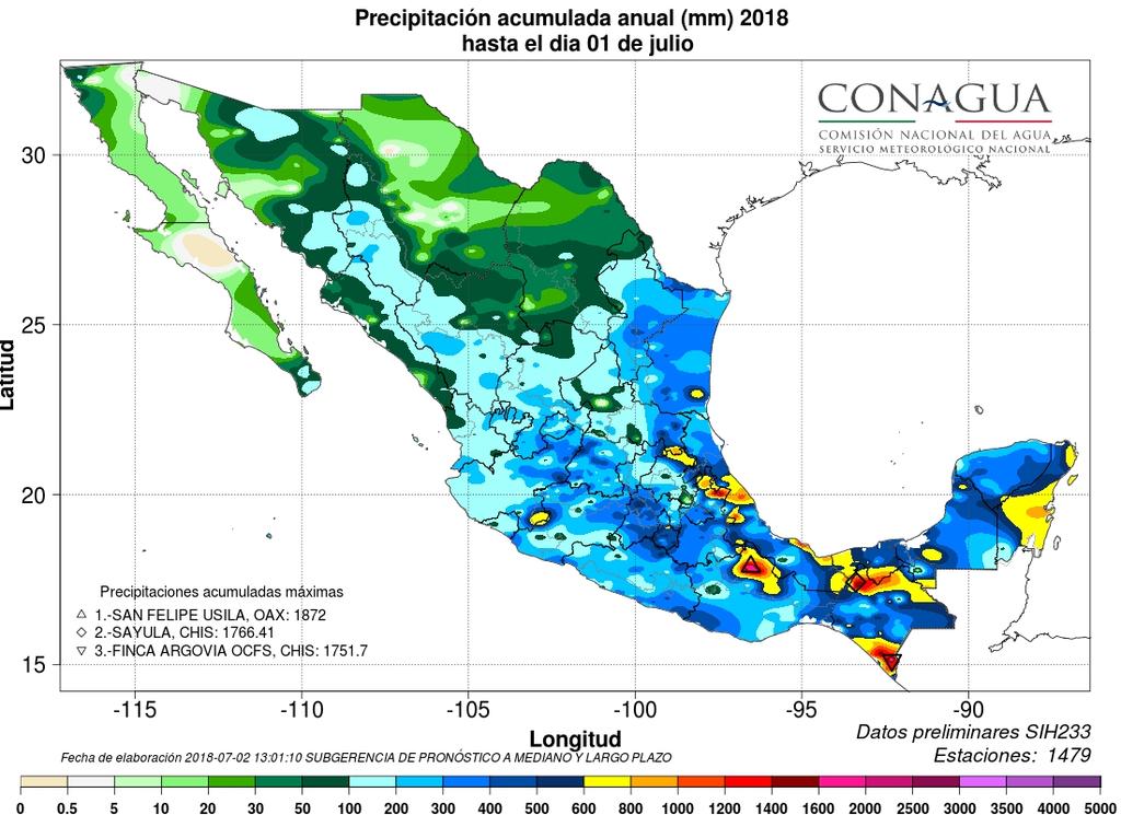 Precipitación y su anomalía registrada acumulada en lo que va del año 2018 en mm Temperaturas: análisis y pronóstico (mapas de modelos numéricos) (por localidad). T. Máx. en C: 44.5 en Presa Ing.
