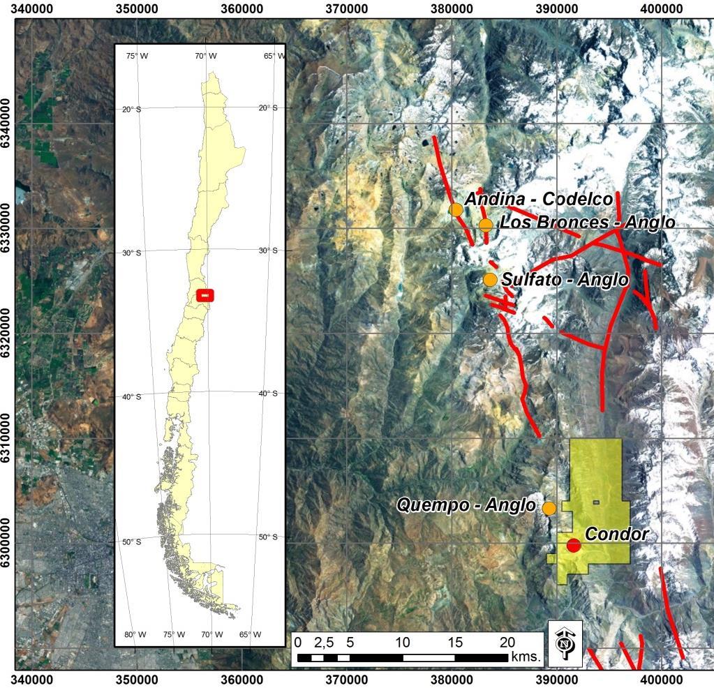 PROYECTO CONDOR: Sistema de tipo pórfido / brecha en el Mioceno de Chile zona central Sistema de tipo pórfido / brecha entre Andina y Teniente Continuación de cluster Andina 50km E de Santiago, en