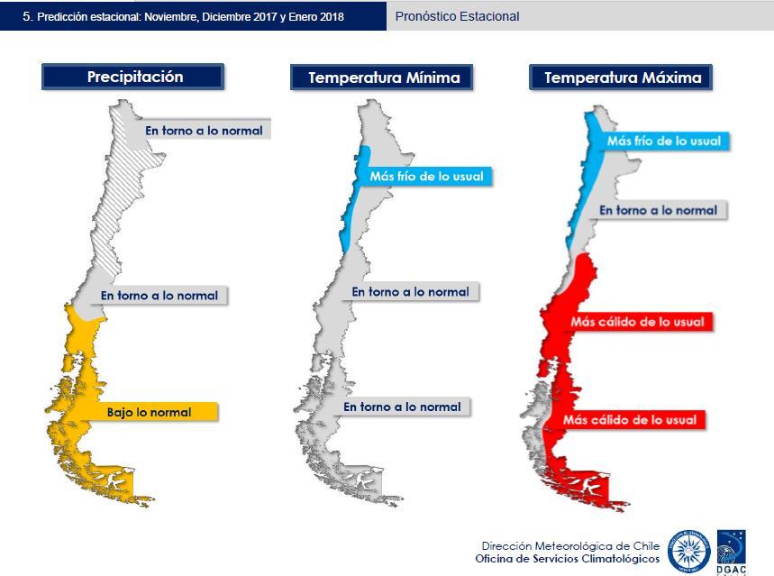 PRONÓSTICO DMC Trimestre Noviembre Diciembre Enero: 1) Predicción de la Precipitación Acumulada. Entre la Región de Valparaíso y parte de la de O Higgins se considera estación seca.