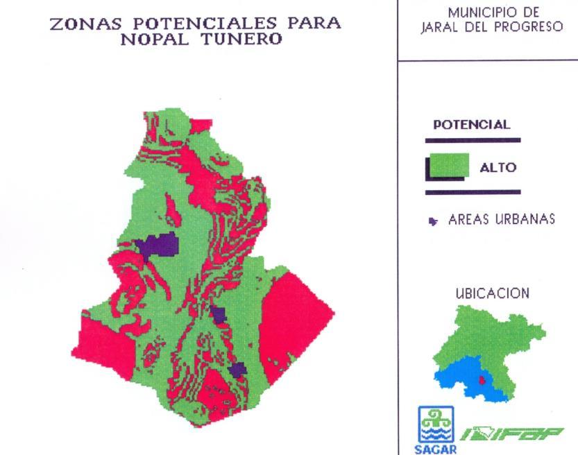 Figura 76. Zonas Potenciales para cultivar Pinus Cembroides en el municipio de Jaral del Progreso. Fuente: García et al. (1996b). Op. cit., p. 49. Figura 77.