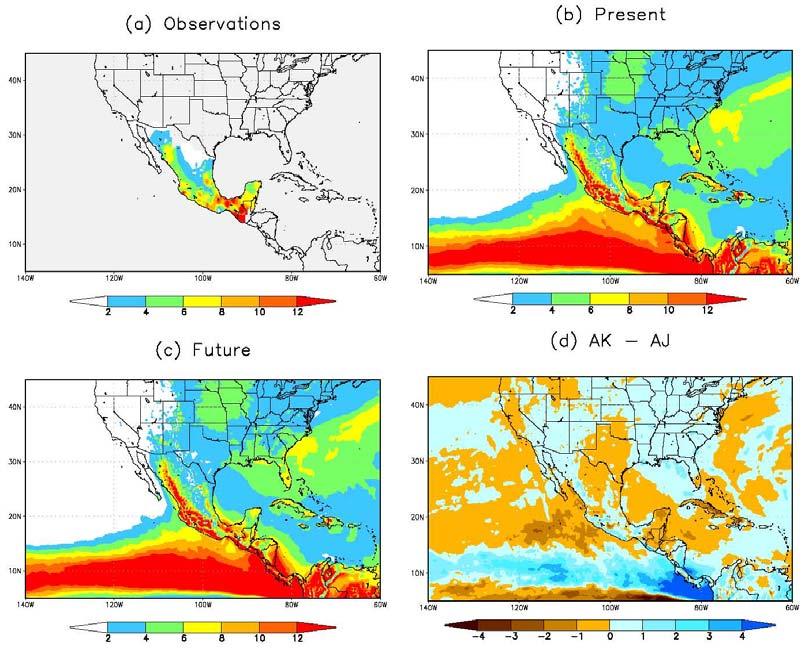 el modelo, se ajusta muy bien con las observaciones, con el patrón típico de lluvias en la región del monzón y sur de México, así como en la parte central (Fig. 2b).