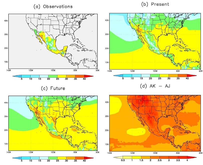 Fig. 4 Temperatura media estacional de verano (Junio-Septiembre) a) Observada, b) Presente, c) Futuro y d) Futuro Presente, en o C IV.