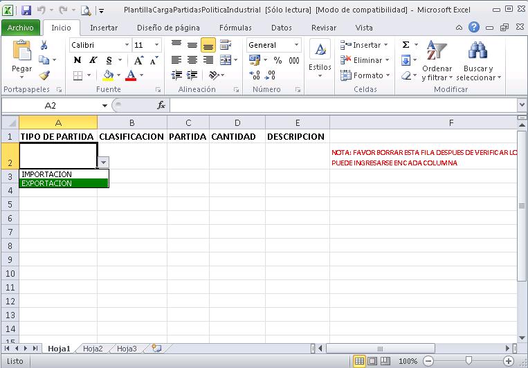 Para el registro de incisos con la plantilla de Excel, NO DEBE LLENAR LA COLUMNA DESCRIPCION, TAMPOCO DEBE ELIMINARLA.