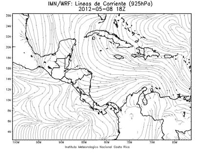 Resumen Meteorológico Boletín Meteorológico Mensual. Mayo 212 C C Flujo del suroeste Fig. 3.1.1. Líneas de corriente para el nivel de 925 hpa, 18Z y Z (12 m.d y 6 p.