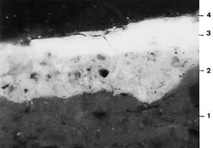 2) Capa de color blanquecino compuesta por blanco de plomo y trazas de carbón. Su espesor oscila entre 95 y 125 µm. RCD-4.
