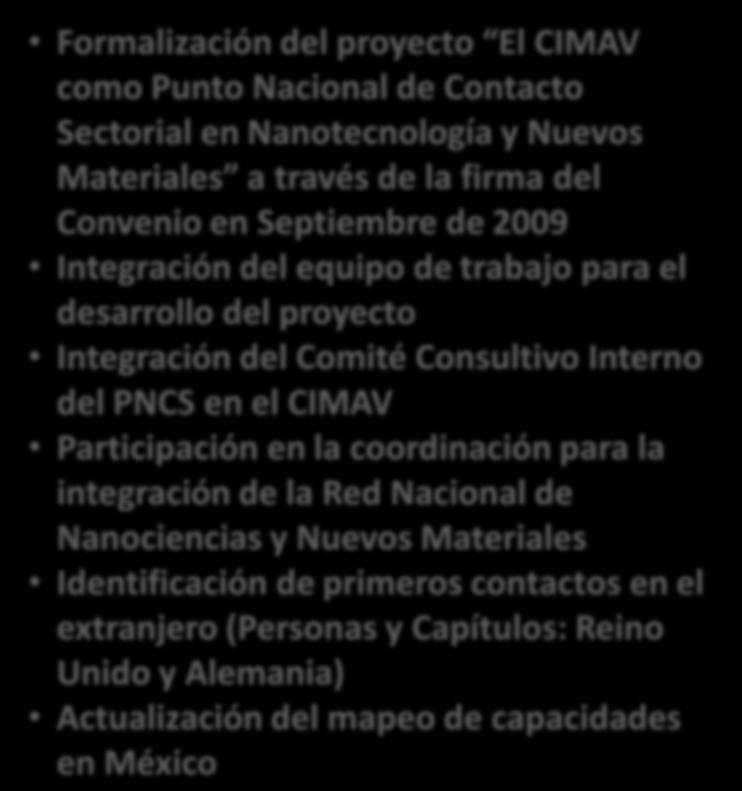 Formalización del proyecto El CIMAV como Punto Nacional de Contacto Sectorial en Nanotecnología y Nuevos Materiales a través de la firma del Convenio en Septiembre de 2009 Integración del equipo de