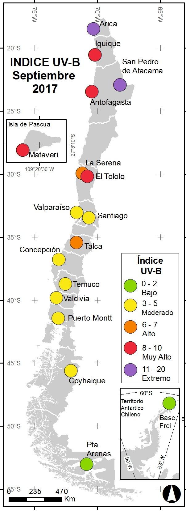 Boletín Índice de Radiación Ultravioleta La Figura 15 muestra que las ciudades de Arica y San Pedro de Atacama en el extremo norte de nuestro país, promediaron un valor 11 (Extremo) durante el mes de