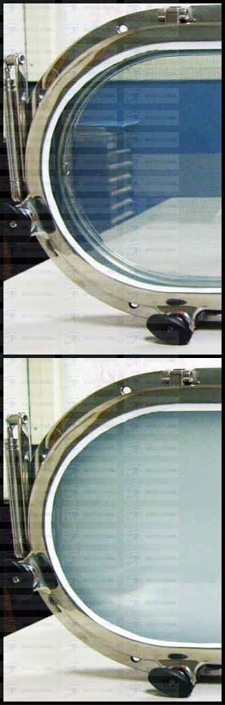 Las imágenes muestran a un lado la instalación de cristal LCD en una ventana de barco: en la imagen superior se muestra una ventana transparente (vidrio LCD encendido), mientras que la imagen