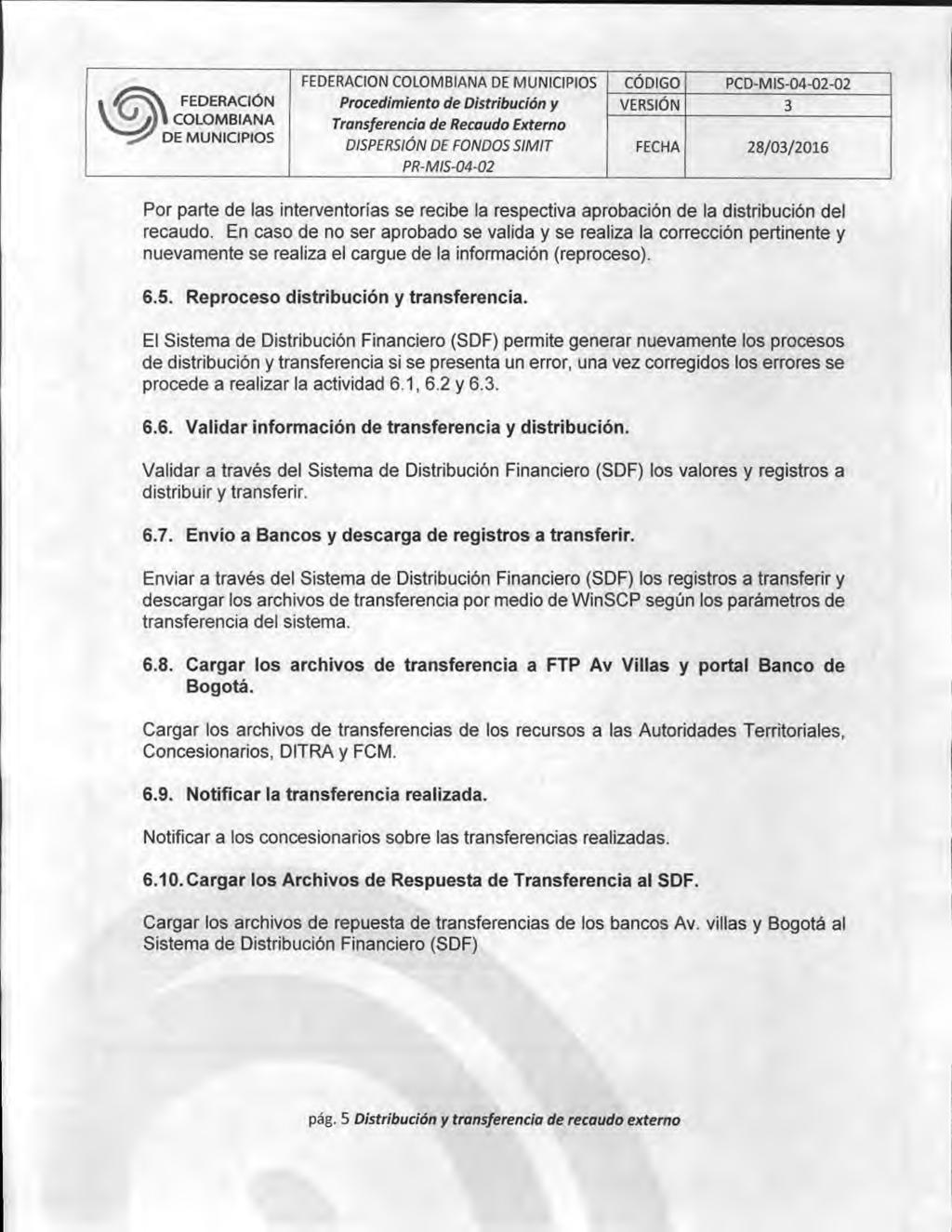 1 FEDERAOON COLOMBIANA CÓDIGO PCD-MI1-04-02-02 DISPERSIÓN DE FONDOS SIMIT FECHA 28/03/2016 Por parte de las interventorías se recibe la respectiva aprobación de la distribución del recaudo.