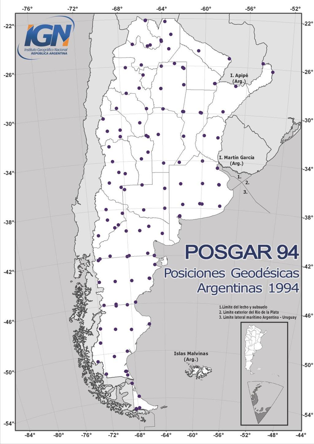 POSGAR 94 Posiciones Geodésicas Argentinas Medición, años 93 y 94 127 Puntos 54 IGM 23 CAP