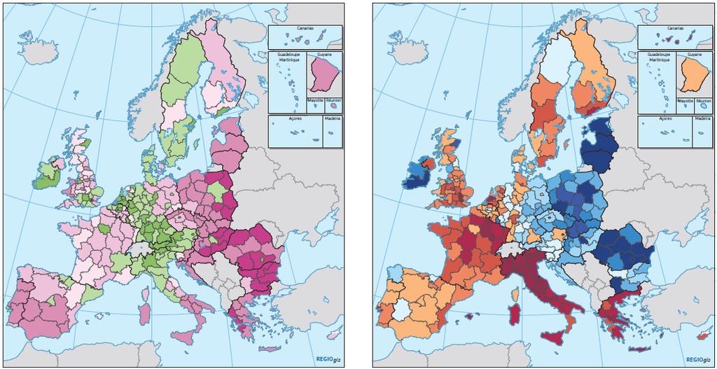 1 2 3 4 5 6 7 8 9 10 Convergencia Mapa 1. PIB per cápita (PPS), 2015 (UE28=100). Mapa 2.